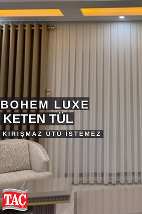Taç Premium Keten Tül Yeni Sezon Ekru Renk Ütü İstemez Ağır Gramajlı Sık Pile...