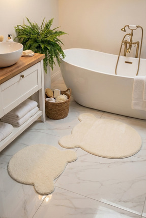 Halispecial Ayıcık 2’li Peluş Banyo Paspas Seti 50x50+75x75 cm Kaymaz Lateks ...