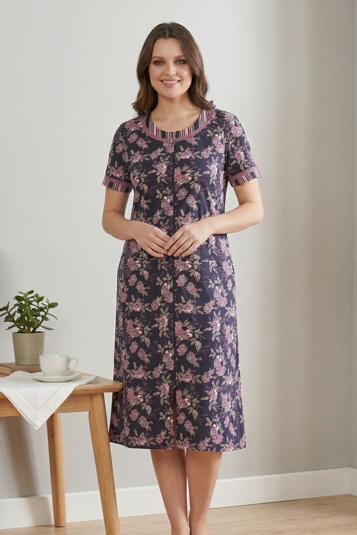 Women's Cotton Modal Fabric Button Detailed Patterned Stylish Dress 7510