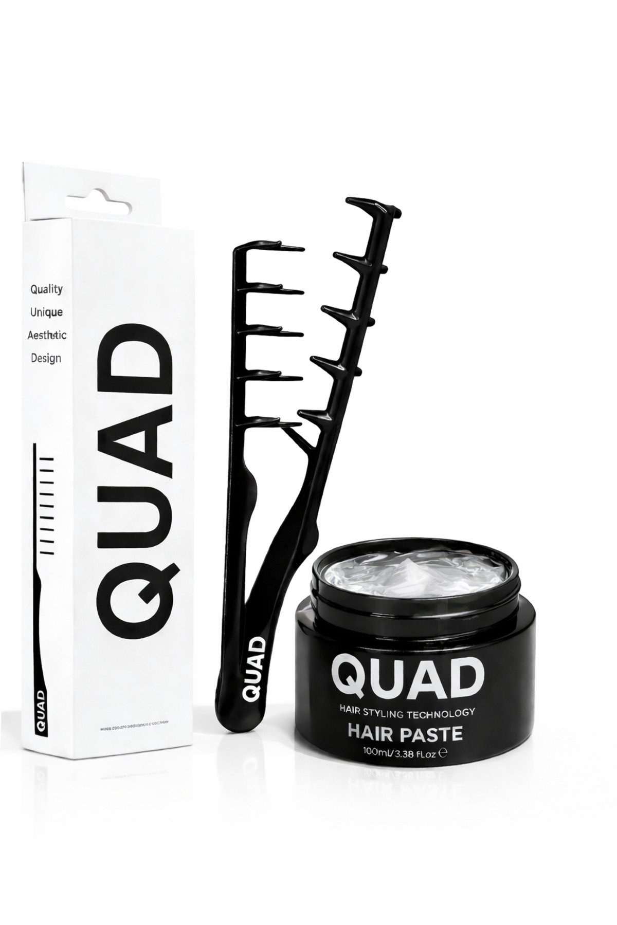 QUAD Q2S Beyaz Kırıcı Etkili Parlak Wax Seti 100 ml + Mucizevi Tarak – Güçlü Tutuş, Doğal Hacim — Q2S8883