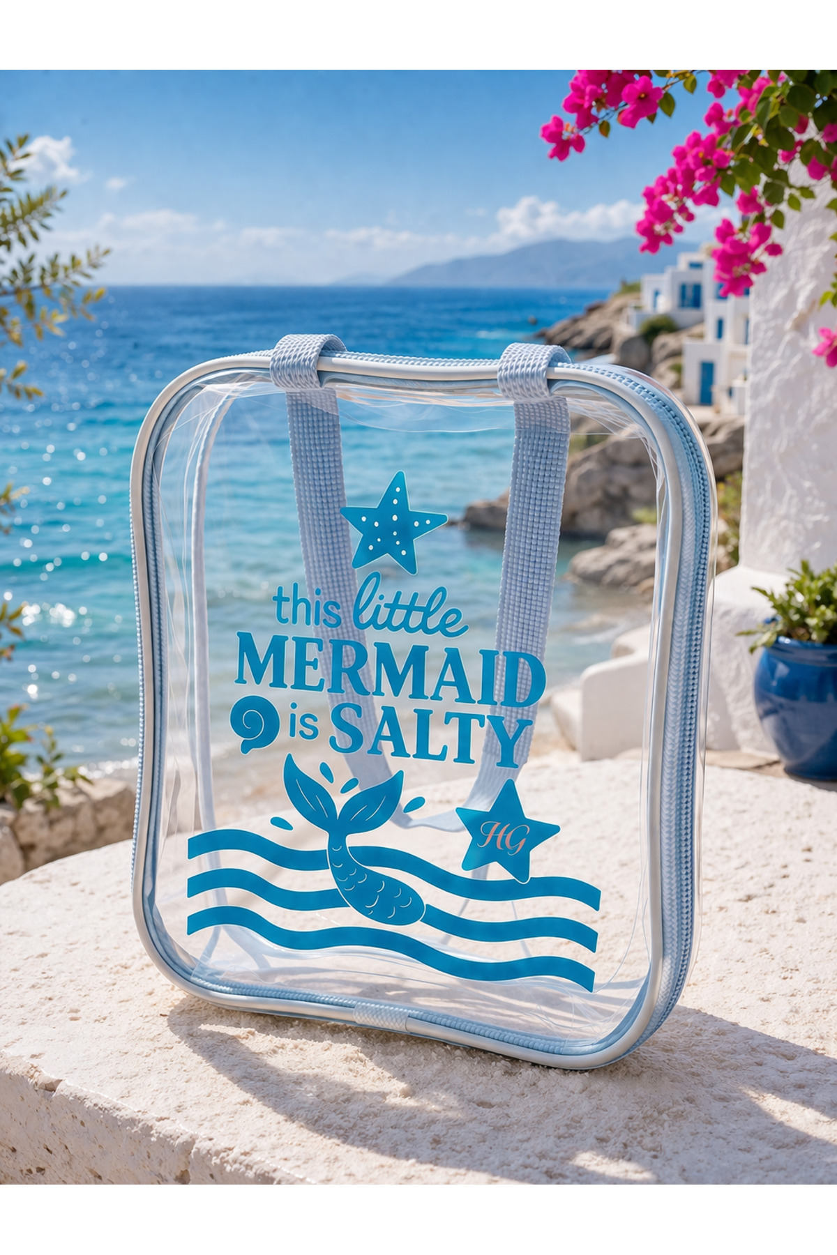 HİG HOME Mermaid Temalı Şeffaf Plaj Çantası, Su Geçirmez Yazlık Kadın Tatil Çantası
