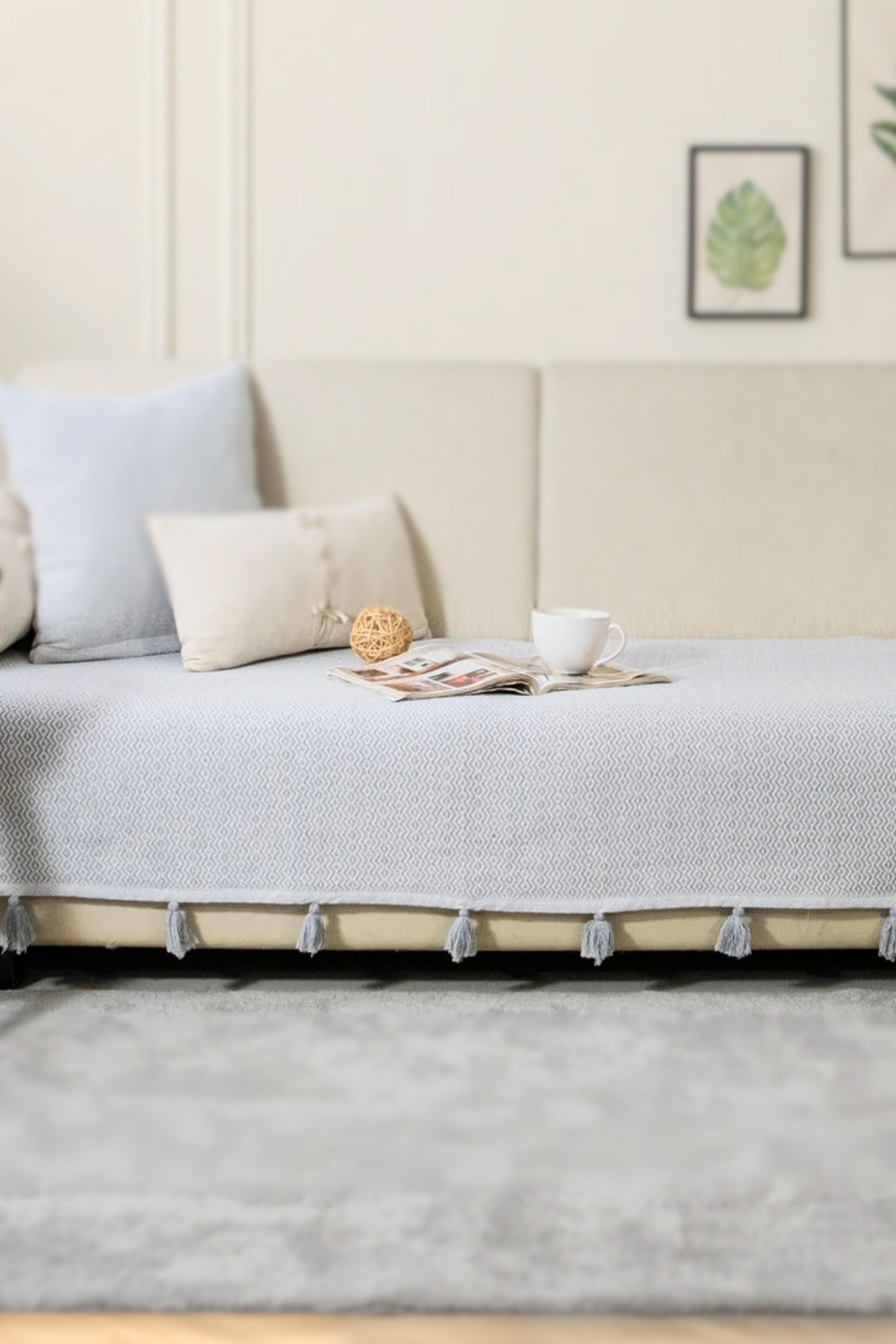 Lavi Pompom Grey Sofa Cover 115 x 200 cm Sofa Sofa Bed Sofa Cover Shawl Fringed