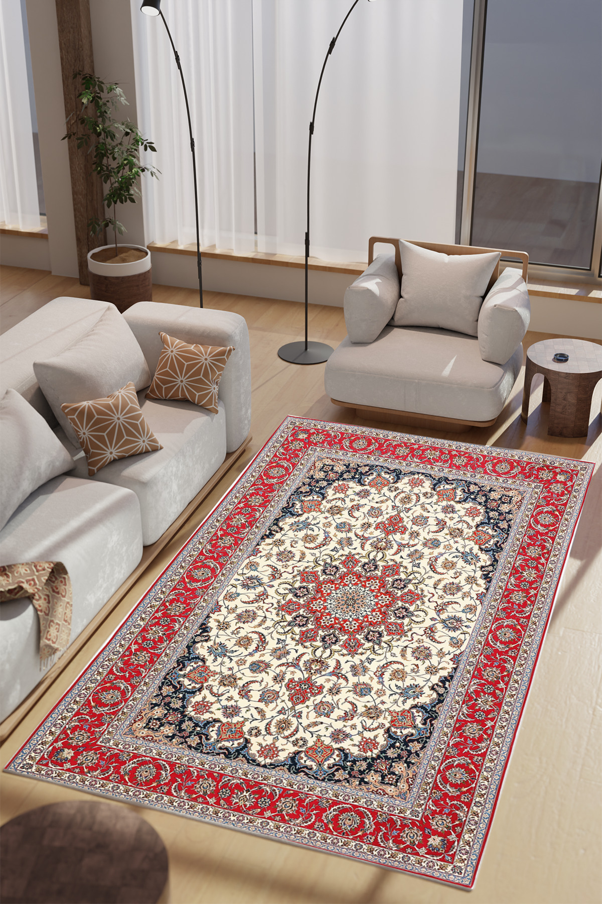 White Authentic Patterned Machine Washable Living Room Rug Bedroom Rug & Runner Models