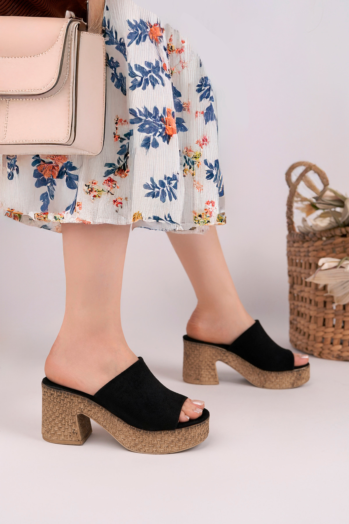 Women's Black Suede Trend Heels Stylish Platform Slippers