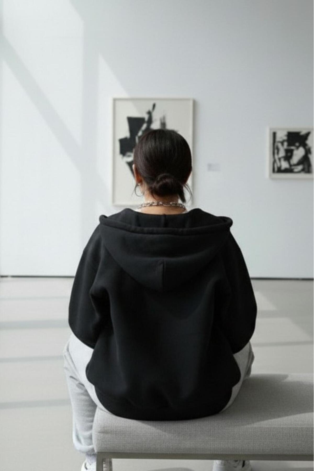 NO 601  Kadın Siyah Kalın Kışlık Kumaş Fermuarlı Kapşonlu Ceket - Görsel 7