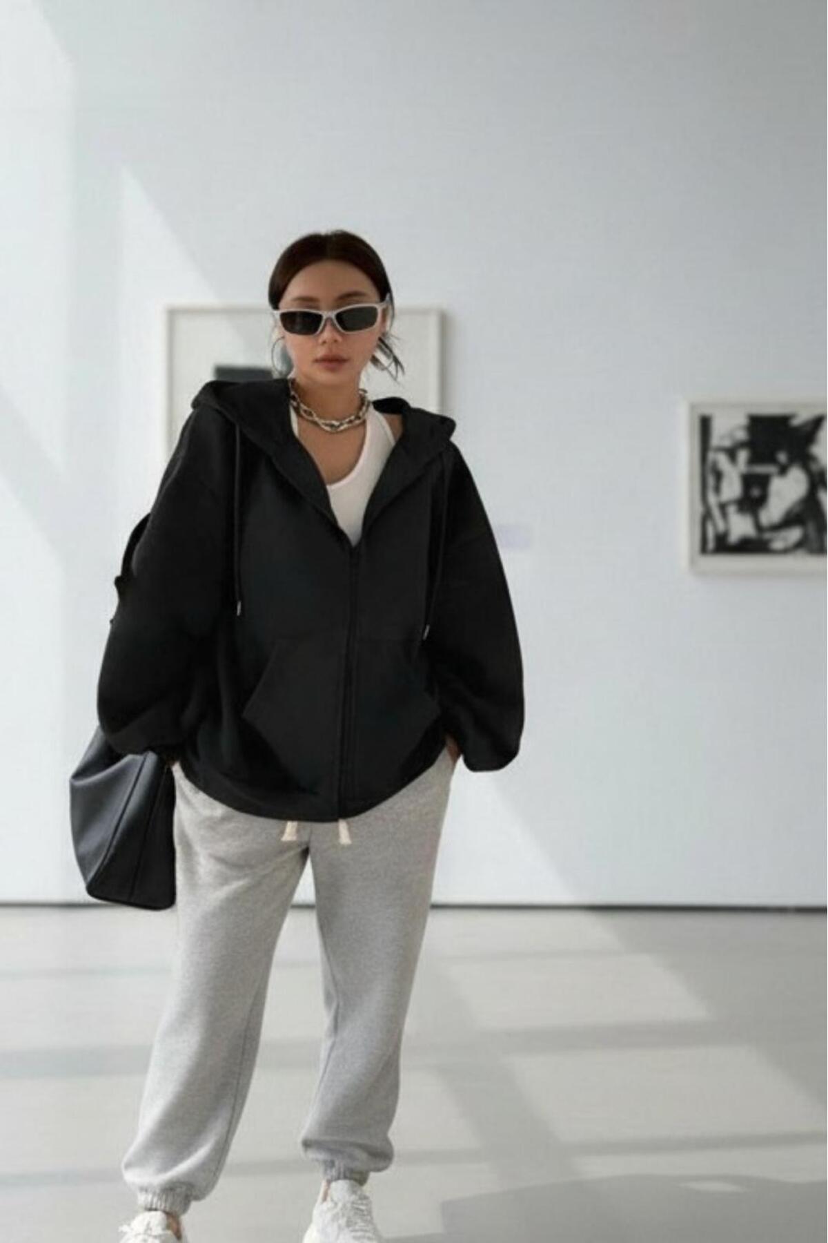 NO 601  Kadın Siyah Kalın Kışlık Kumaş Fermuarlı Kapşonlu Ceket - Görsel 2