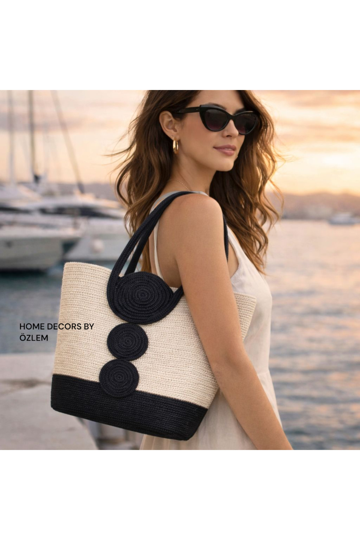 Wicker shoulder bag beach bag casual bag handmade screening (Black White)
