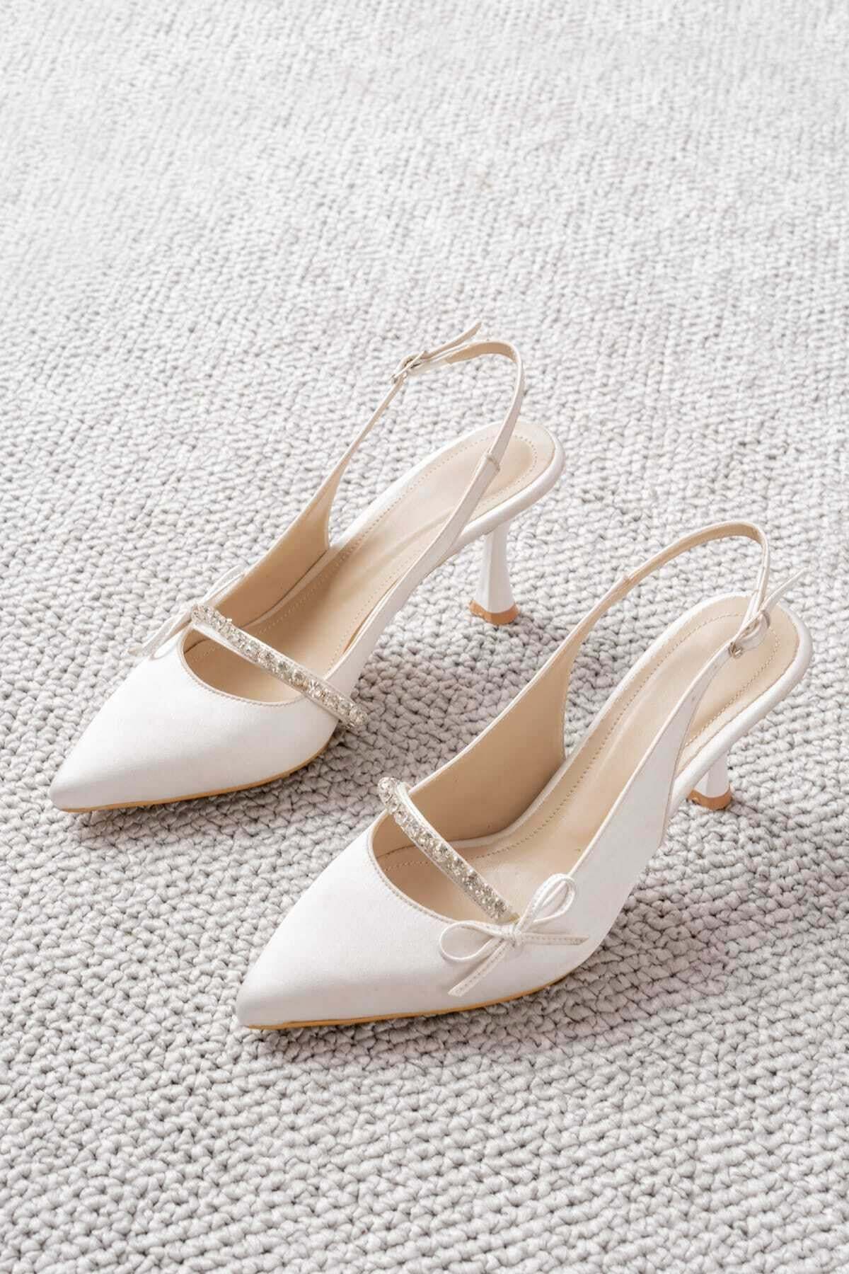 Women's Evening Dress Satin Stone Detailed Pointed Toe Open Back 7cm Thin Heels