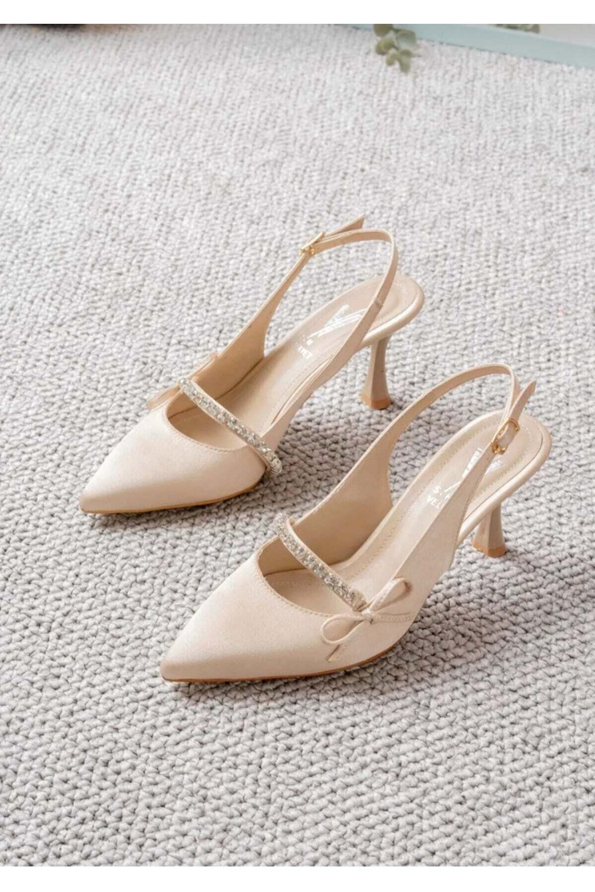 Women's Evening Dress Satin Stone Detailed Pointed Toe Open Back 7cm Thin Heels