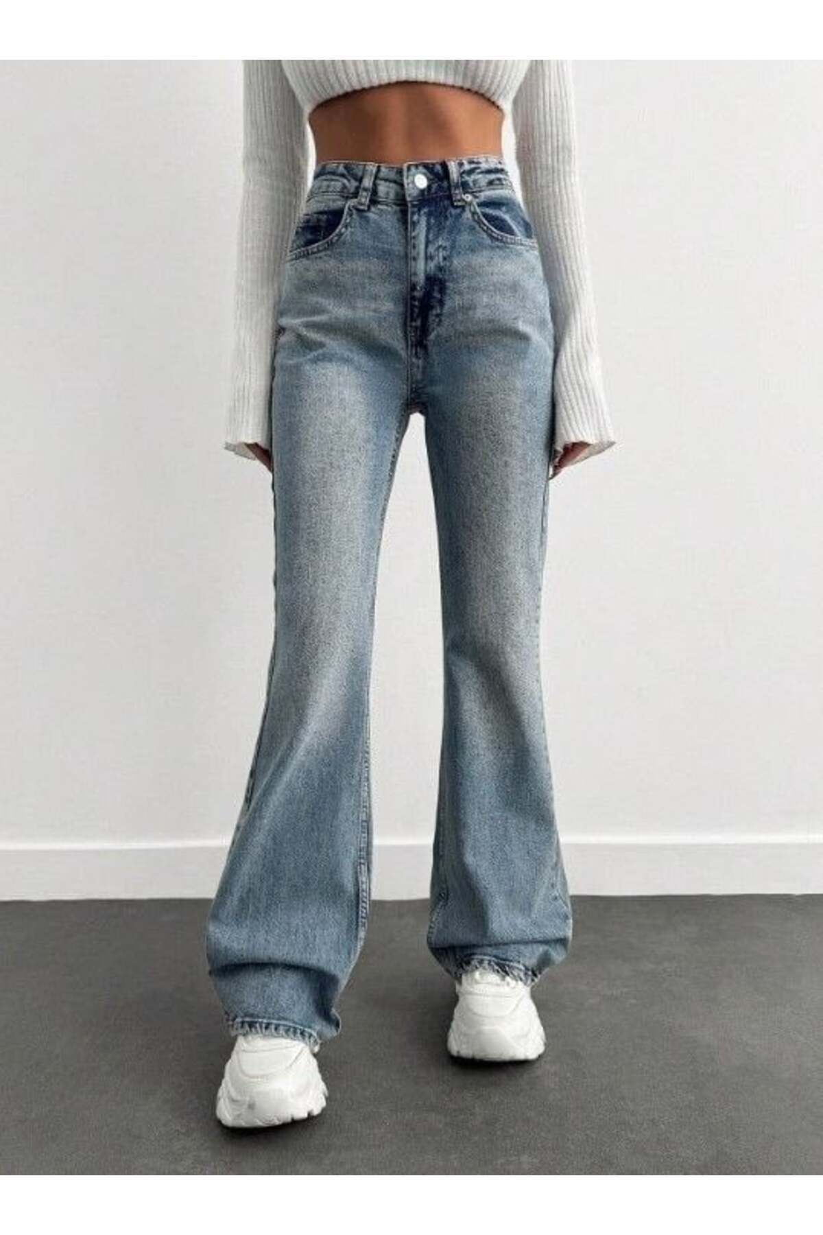 High Waist Spandex Leg Jean Trousers - Full Cotton Flare Denim with Antiquated Detail