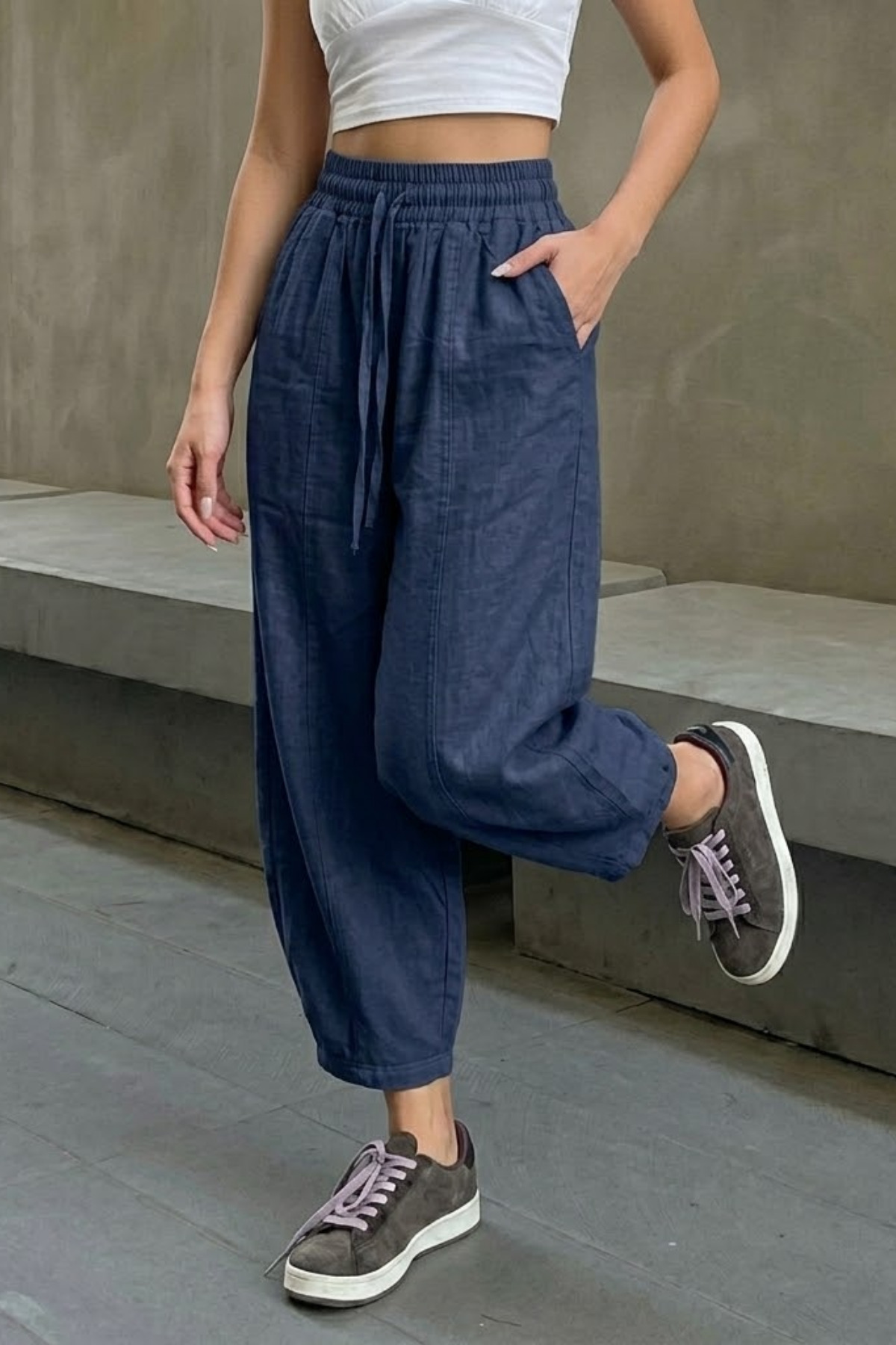 COMBİNE MİCHAİL  Kadın Beli Lastikli Lacivert Şalvar Pantolon - Görsel 3