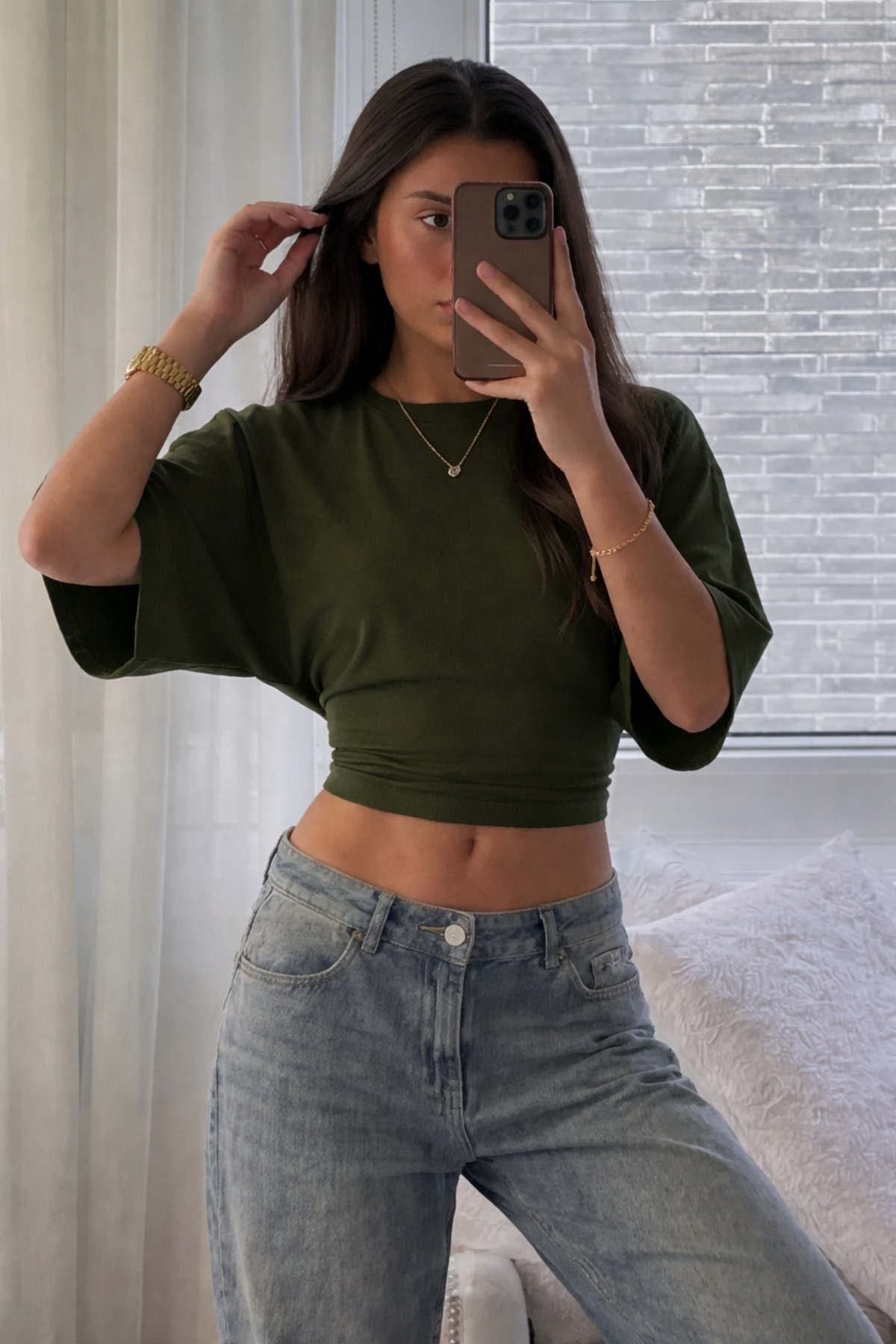 COMBİNE MİCHAİL  Kadın Vücuda Oturan Geniş Kol Haki Bluz