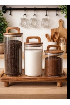 Durina Living Standlı 3’lü Akasya 1300-900-750ml Bakliyat Çay Şeker Tuz Kahve...