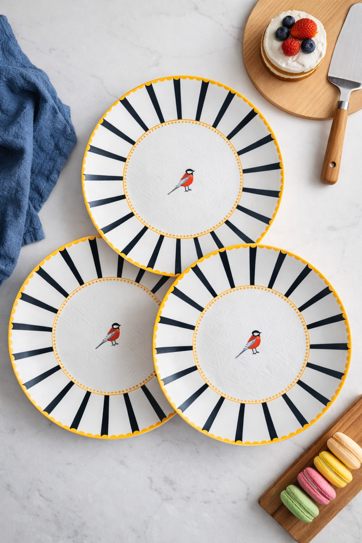 Bird Pattern Black Striped 6-Piece Cake and Dessert Plate Set (20 CM) Modern Serving and Breakfast Plates