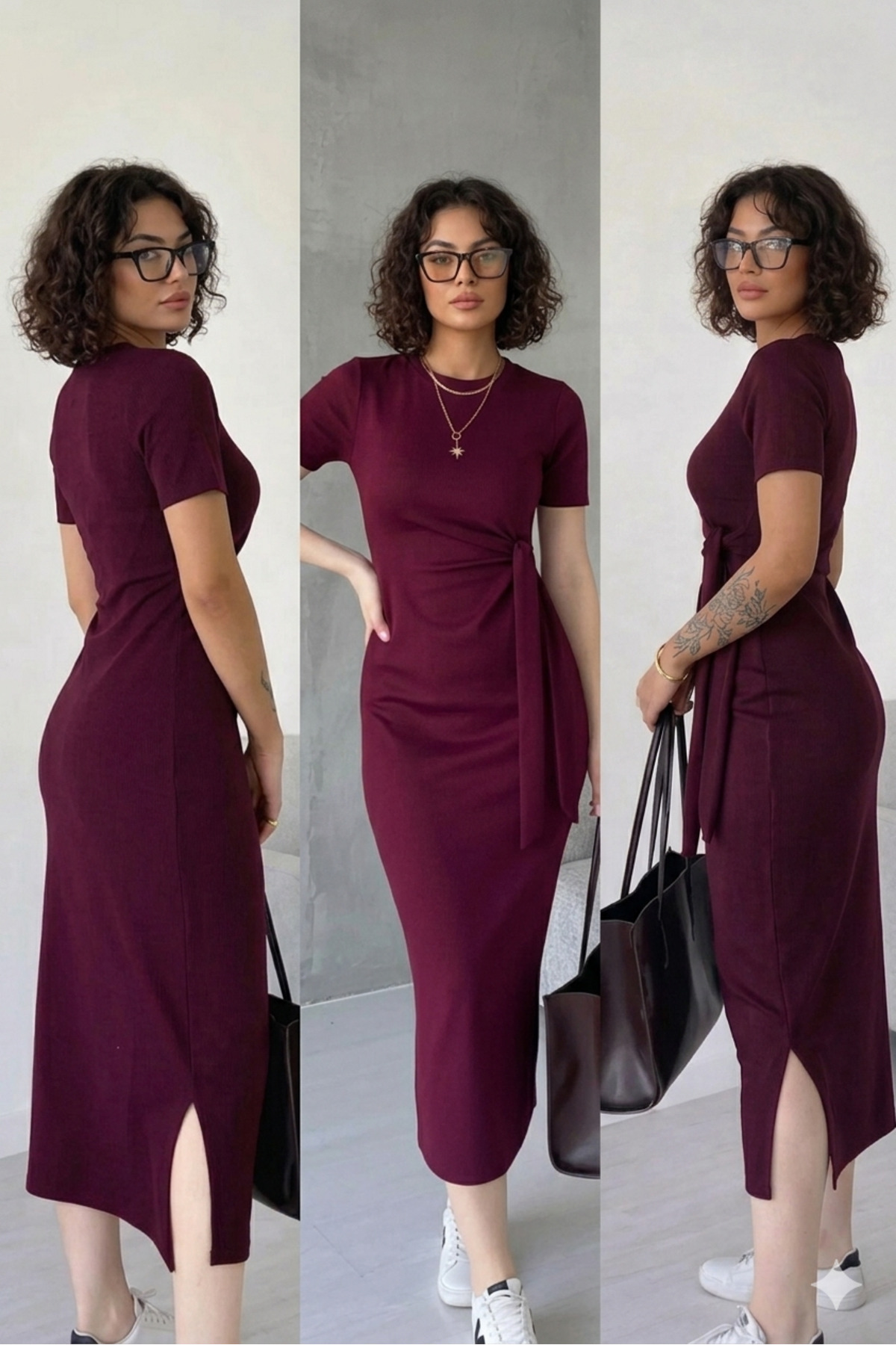 MODAF  Kadın Bordo Yandan Bağlamalı Elbise - Görsel 3