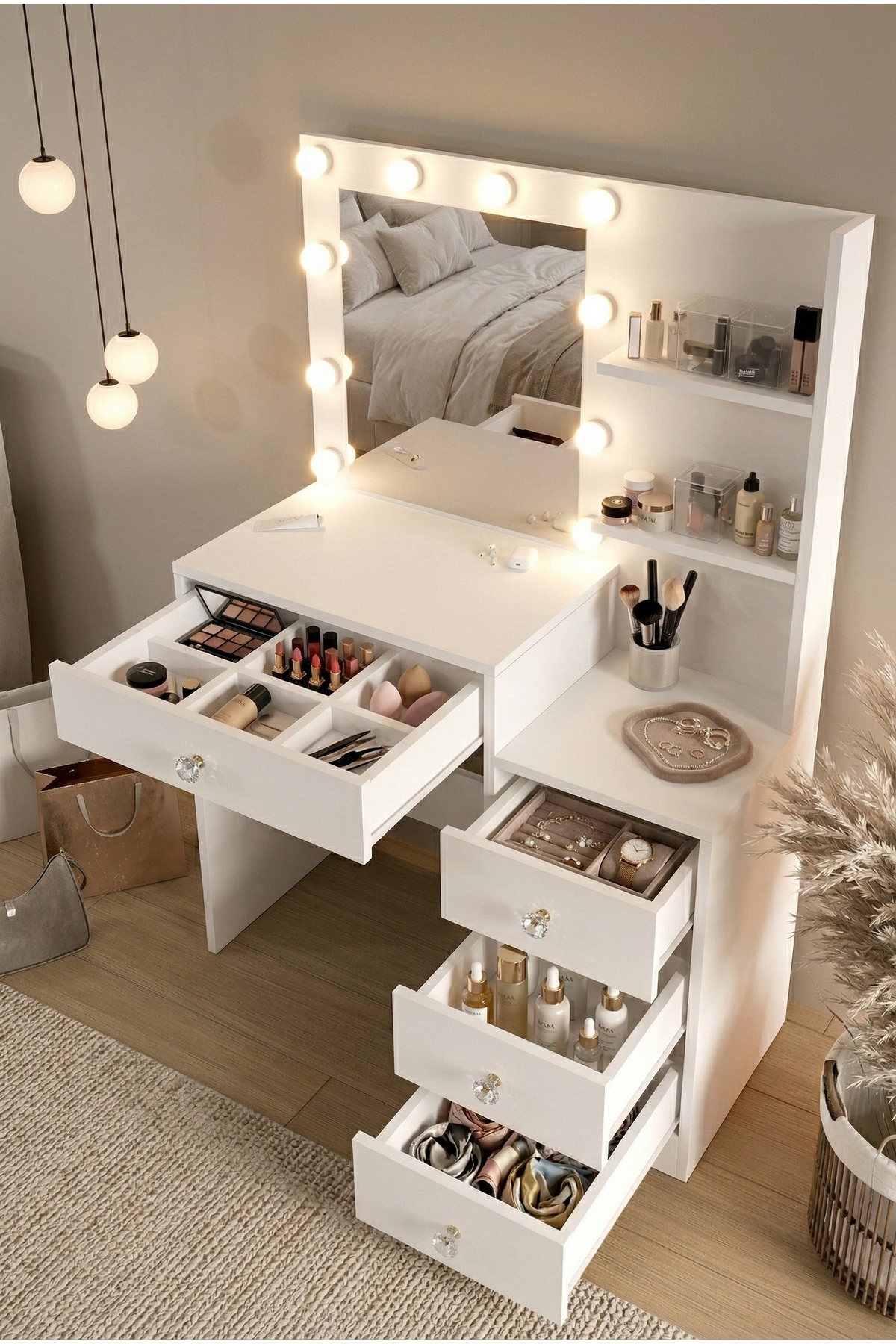Monroe Vanity Table 4 Drawer Organizer Hollywood White MO2-W With LED Light Shelf