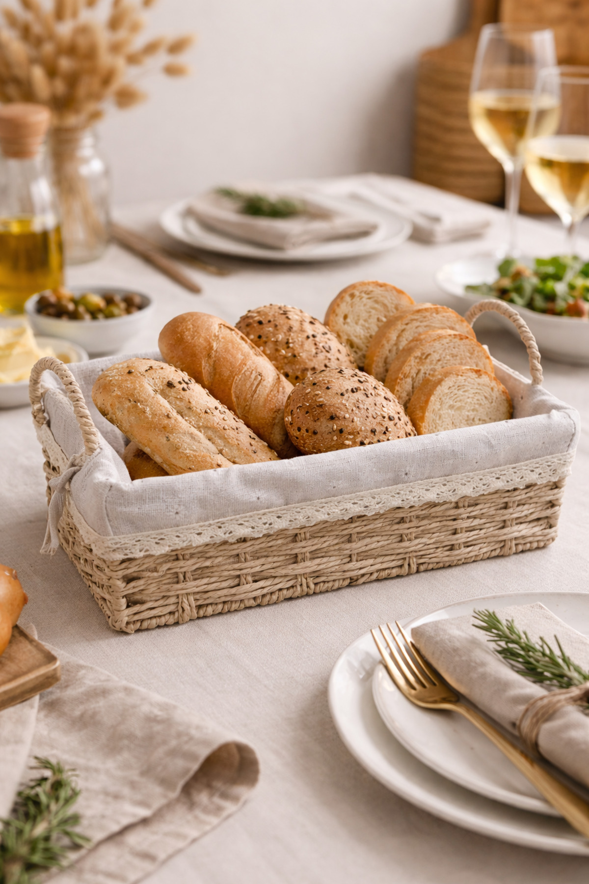 Bamboo Bread Basket, 31x20x10 cm, Lacy Floral Pattern Fabric, Metal Frame