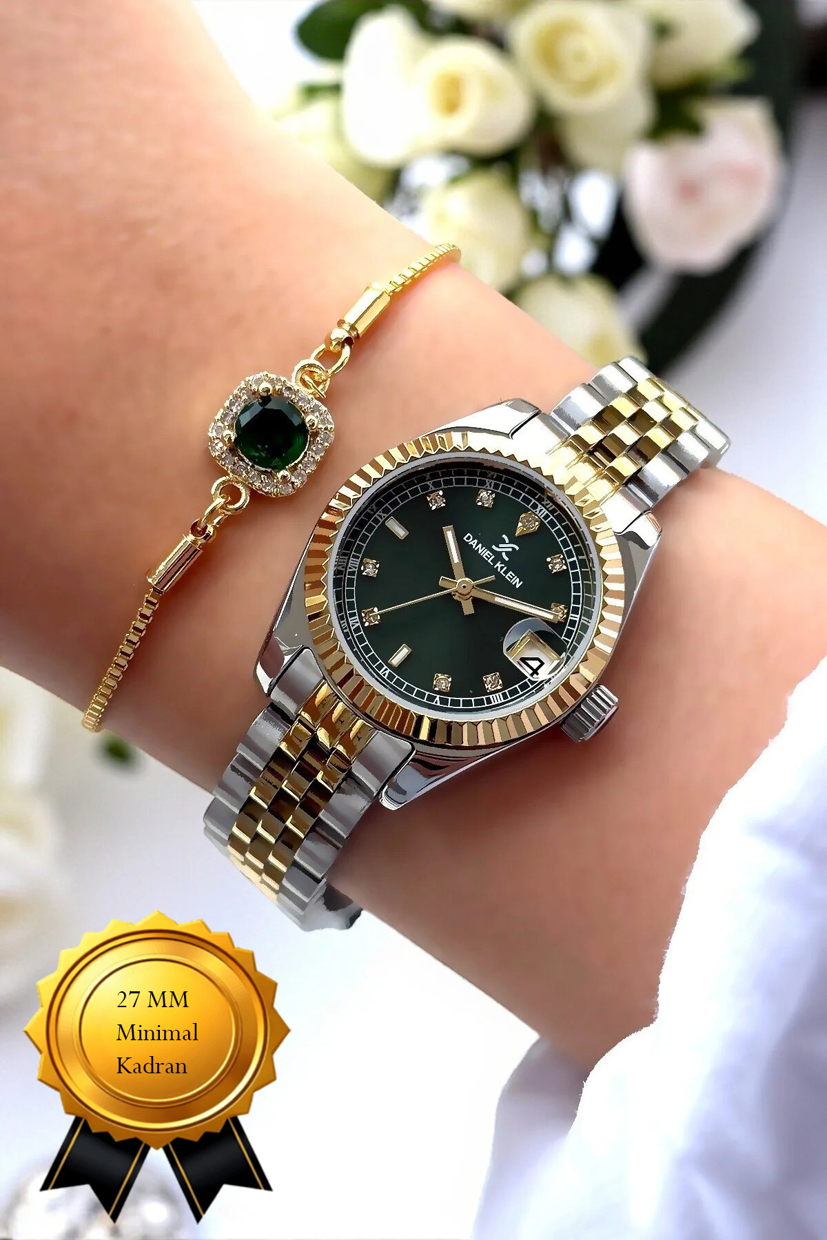 Daniel Klein  %100 Orijinal Sevgiliye Hediye Yeşil Kadranlı Altın Gümüş Renk Kadın Kol Saati Bileklik Kombini