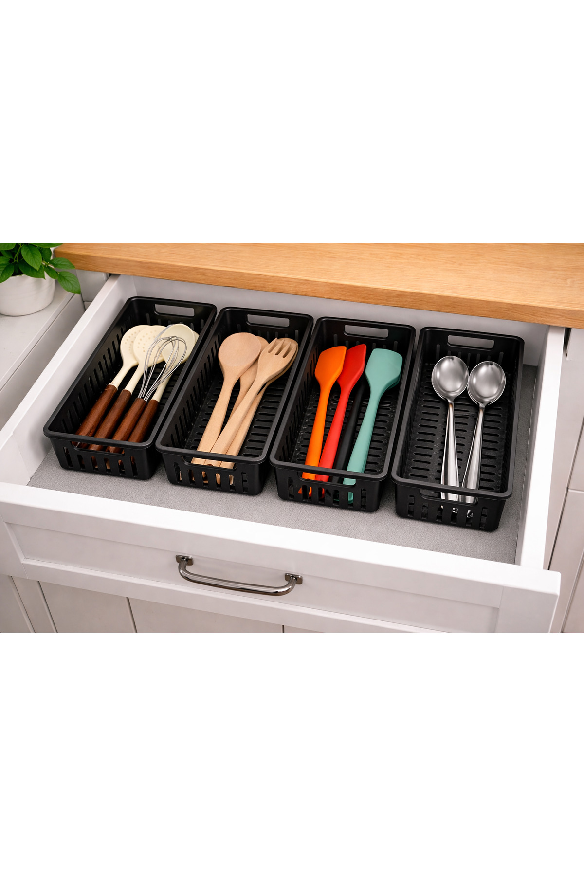4-Piece Black Spoon Set Kitchen Organizer Drawer and Cabinet Organizer Knife Holder Ladle