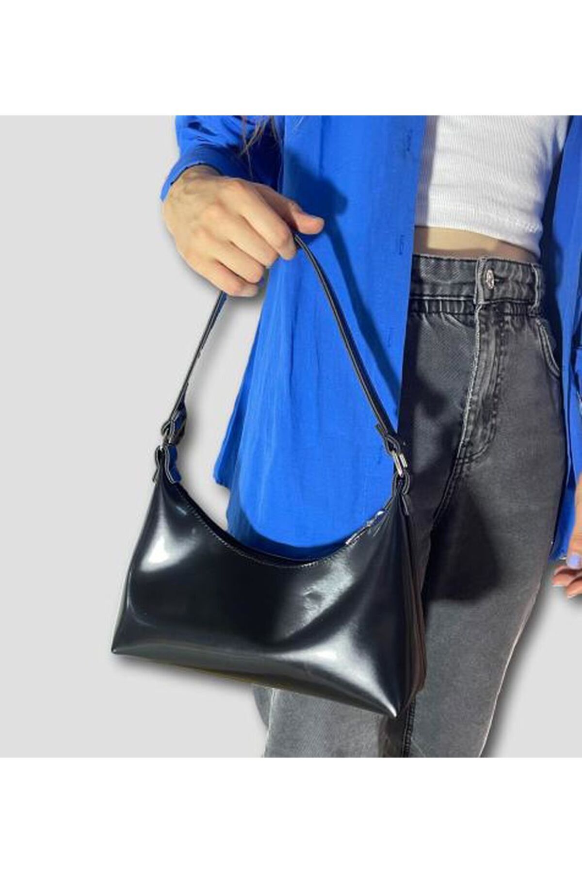 YMZBAG Kadın Mat Siyah Rugan Omuz Çantası görsel 2