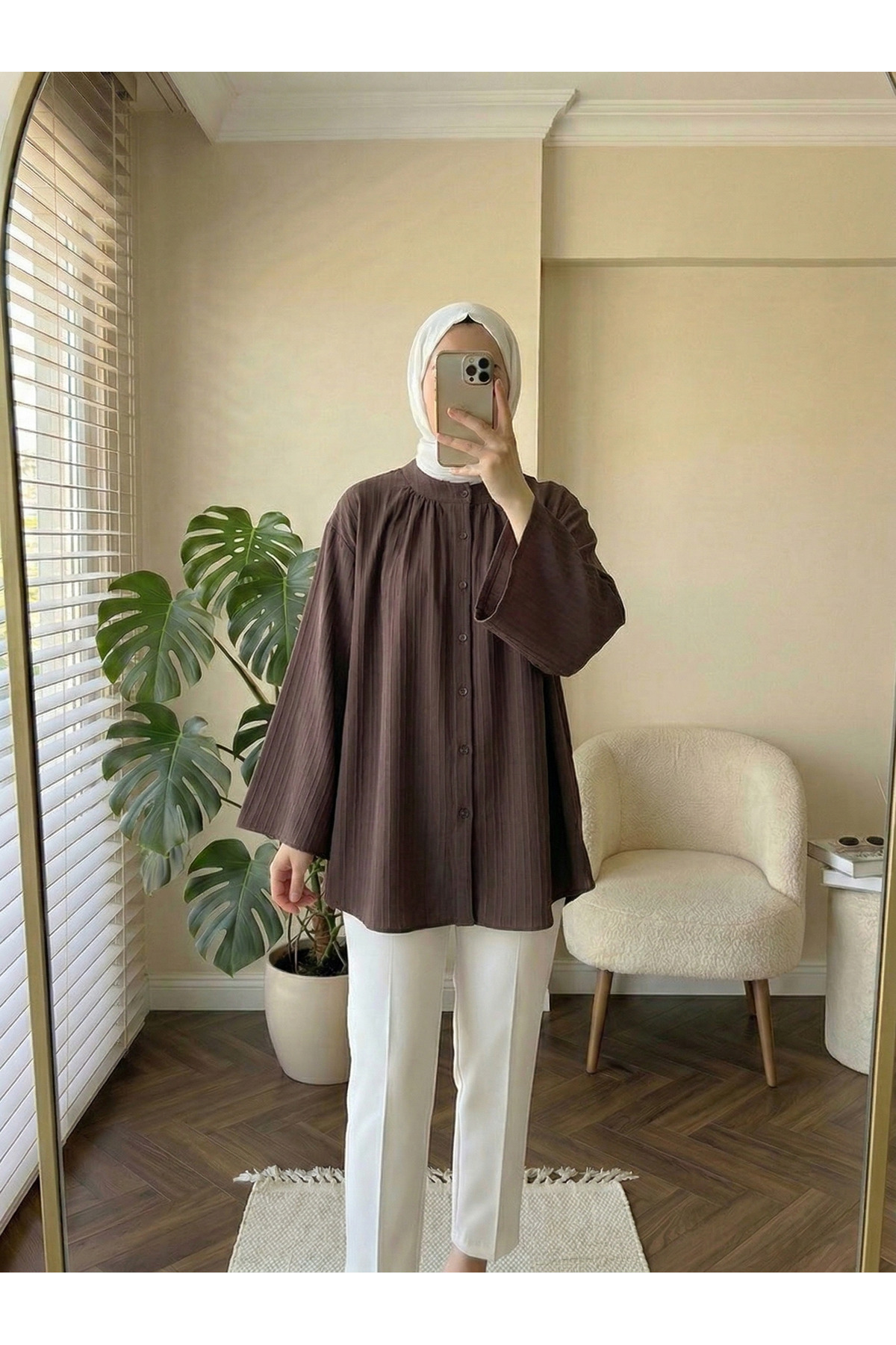 HİFADEN  Kadın Uzun Kollu Salaş Hakim Yaka Düğmeli Oversize Tesettür Gömlek