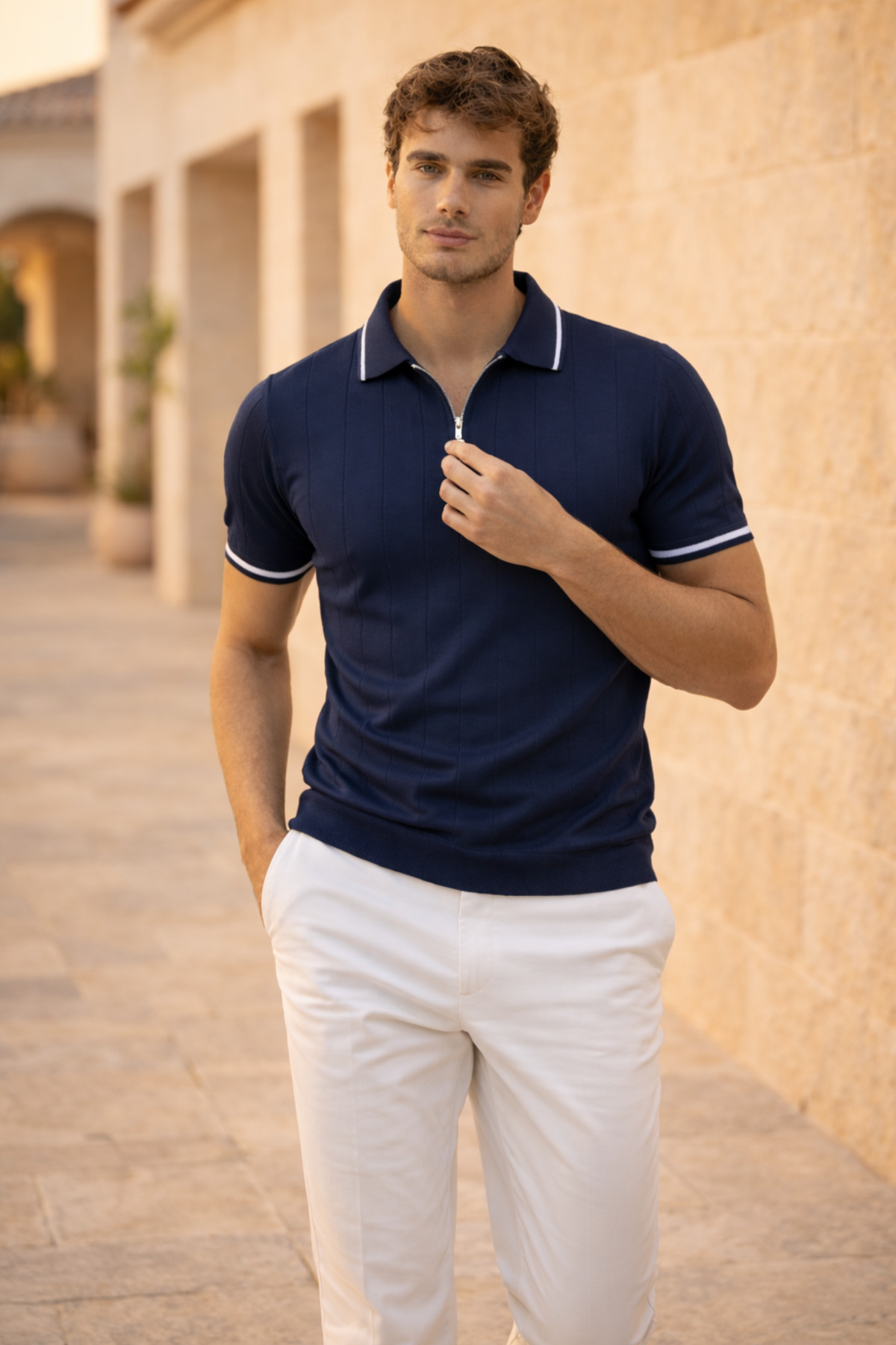 Valiberta  Jared Yakası Şeritli Dik Çizgili Yarım Fermuar İnce Triko Erkek T-Shirt - Lacivert - Görsel 5