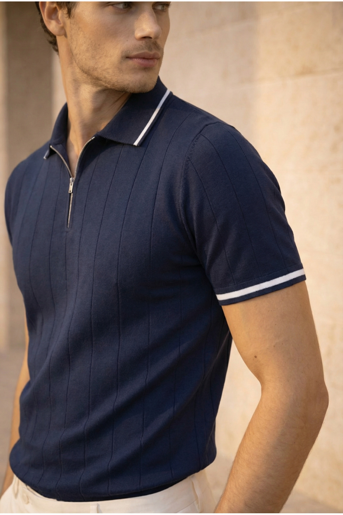 Valiberta  Jared Yakası Şeritli Dik Çizgili Yarım Fermuar İnce Triko Erkek T-Shirt - Lacivert - Görsel 4