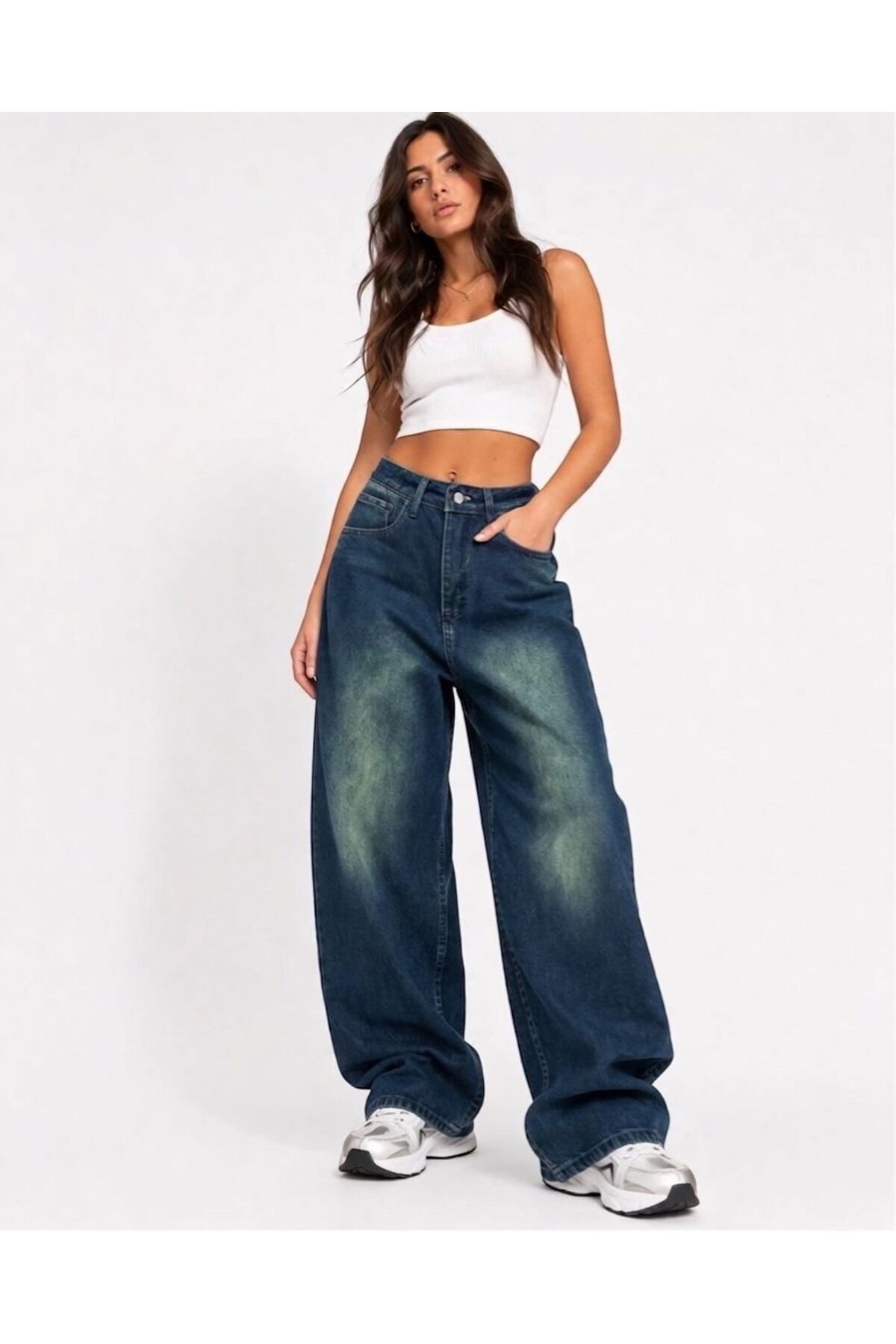 St.Poll ESKİTME VİNTAGE YEŞİL YIKAMA UNİSEX BAGGY JEANS PANTOLON görsel 2