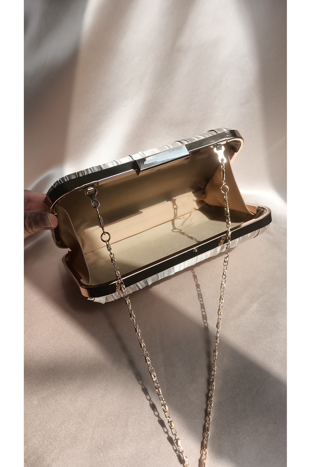 Gül karatekin gk Kadın Koyu Bej Özel Tasarım Pilise Model Zincirli Abiye Çanta,Düğün Davet Nişan Clutch Portföy Çanta görsel 5