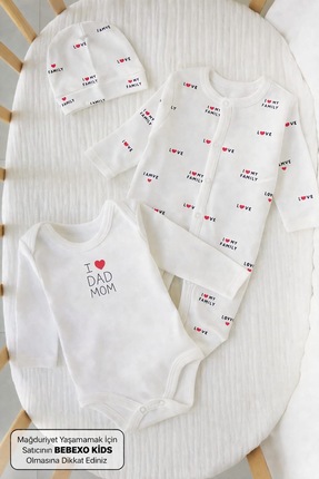 BEBEXO KIDS Unisex I Love Family & I Love Dad Mom Bebek Tulum Zıbın Şapka Set...