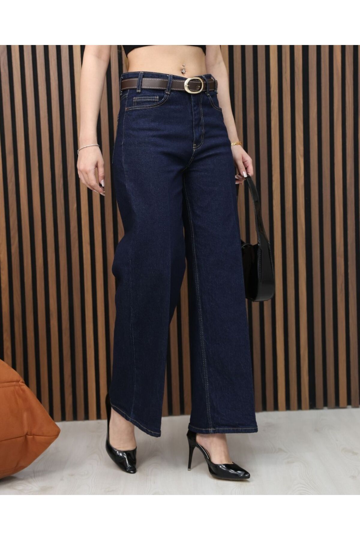 Women's Dark Navy Blue High Waist Belted Boyfriend Wide Leg Jeans Jean