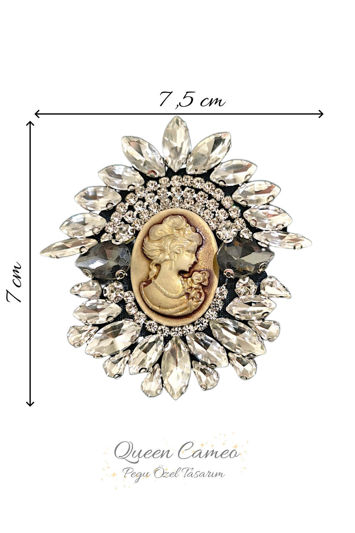 QUEEN CAMEO SPECIAL SERIES HANDMADE BROOCH WITH ANTHRACITE CRYSTAL GEMSTONE, NEEDLE ,SCHOOL,BAG SHIRT,JACKET