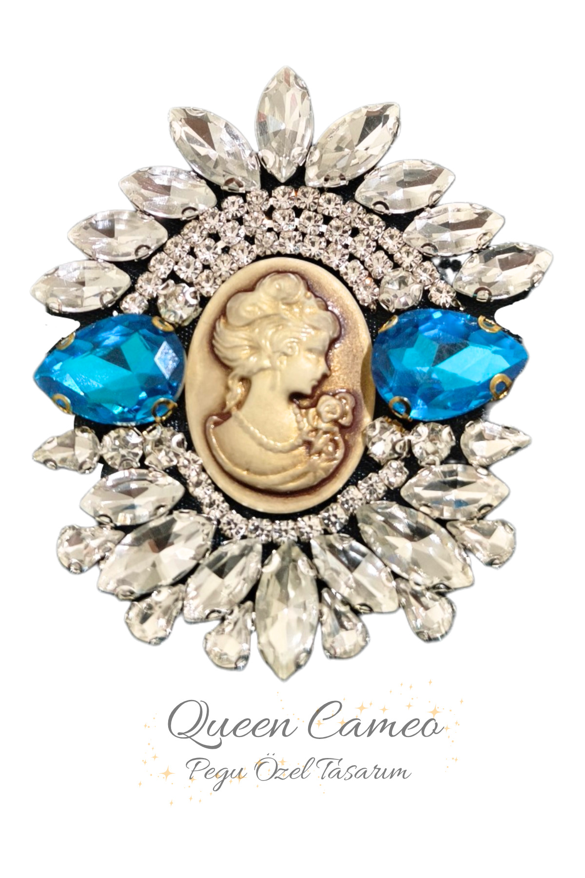 QUEEN CAMEO SPECIAL SERIES TURQUOISE HANDMADE BROOCH WITH CRYSTAL STONE, NEEDLE ,SCHOOL,BAG SHIRT,JACKET