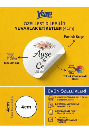 YEAP OFFICE 4 cm Yuvarlak Beyaz Etiket - Kişiye Özel Tasarım Parlak Kuşe - 70...
