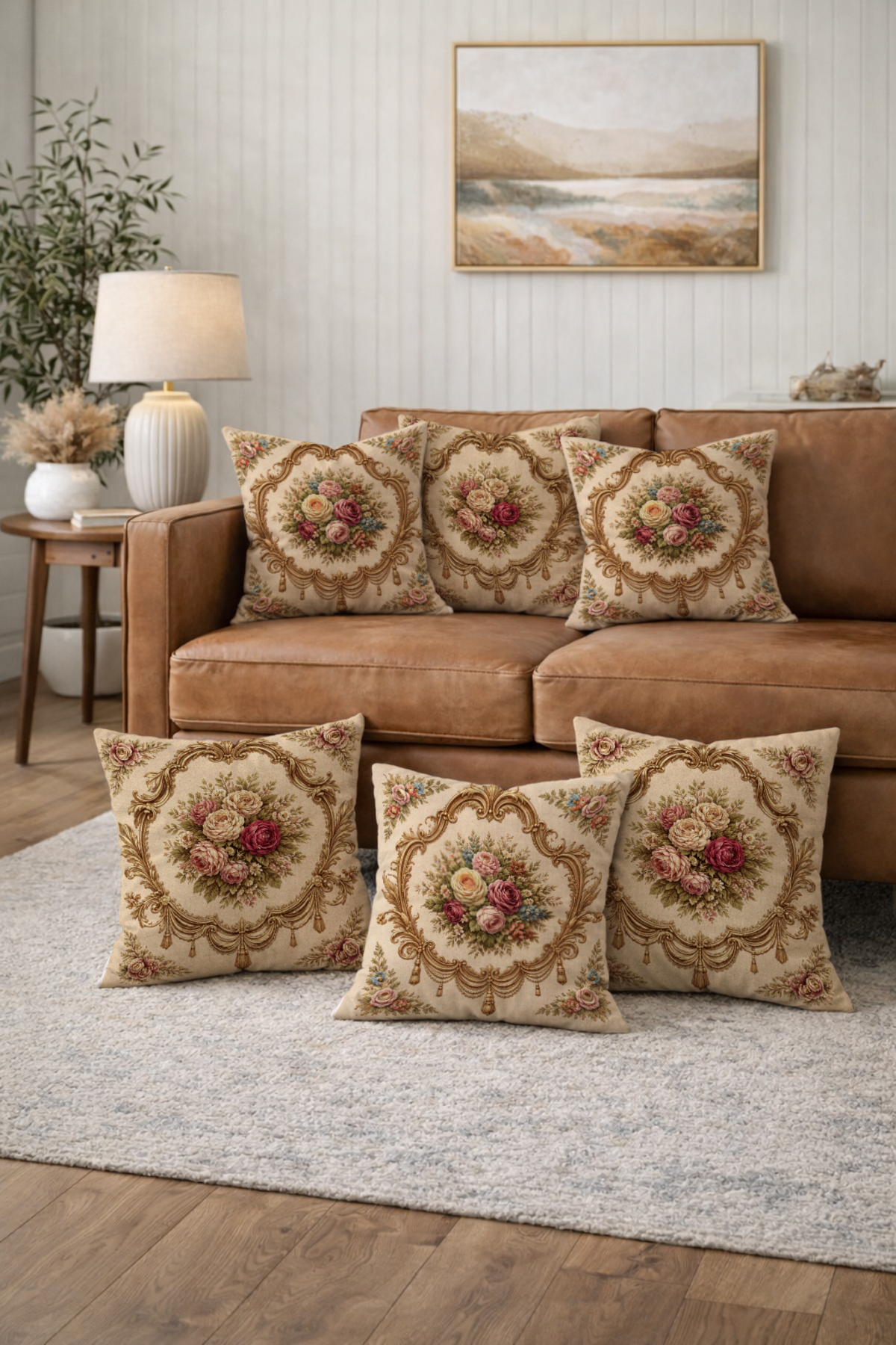 Beige Vintage Medallion Floral Pattern Pillowcase 6-Piece Set 43x43 cm Digital Printing