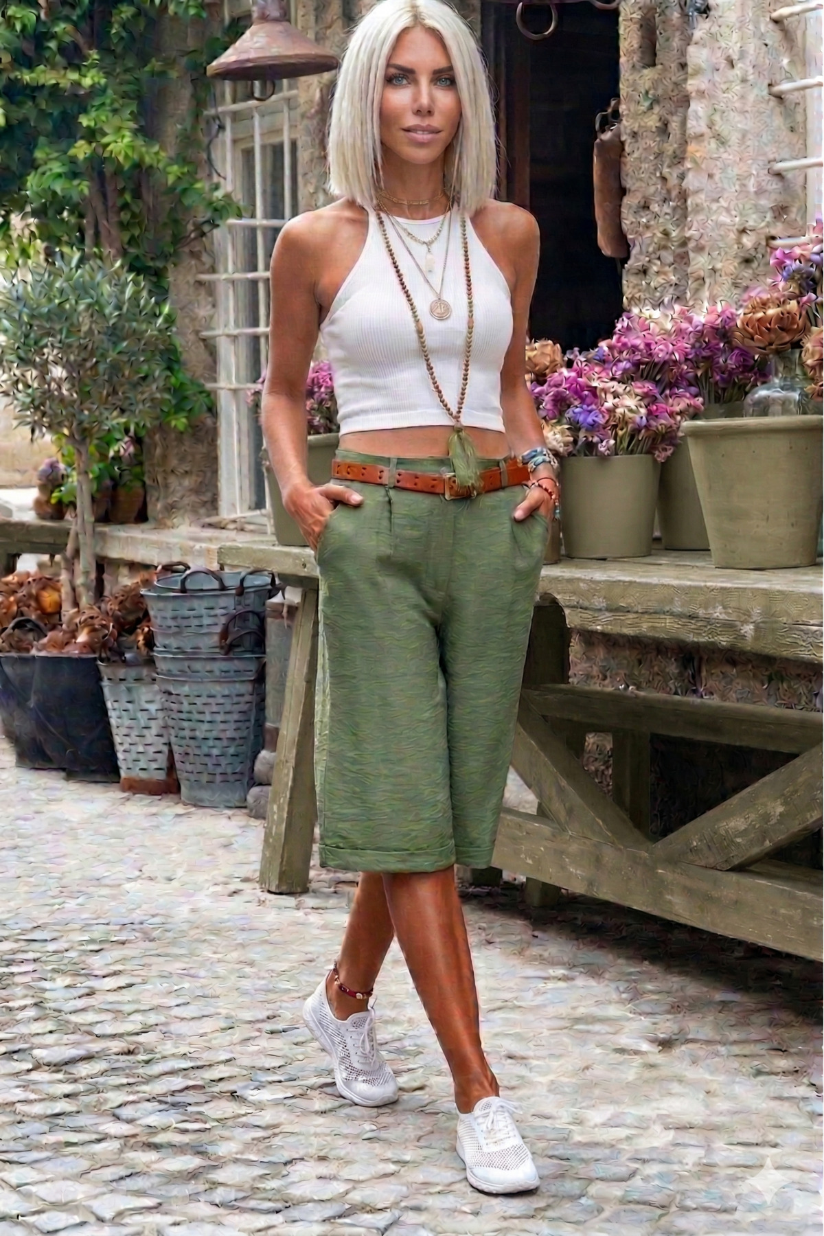 Women's Khaki Pocket Double Legged Long Linen Bermuda Shorts 2912308