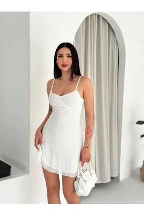 mamoswear Askılı Mini Elbise Drapeli Göğüs Detay Likralı Yazlık Fit - Beyaz