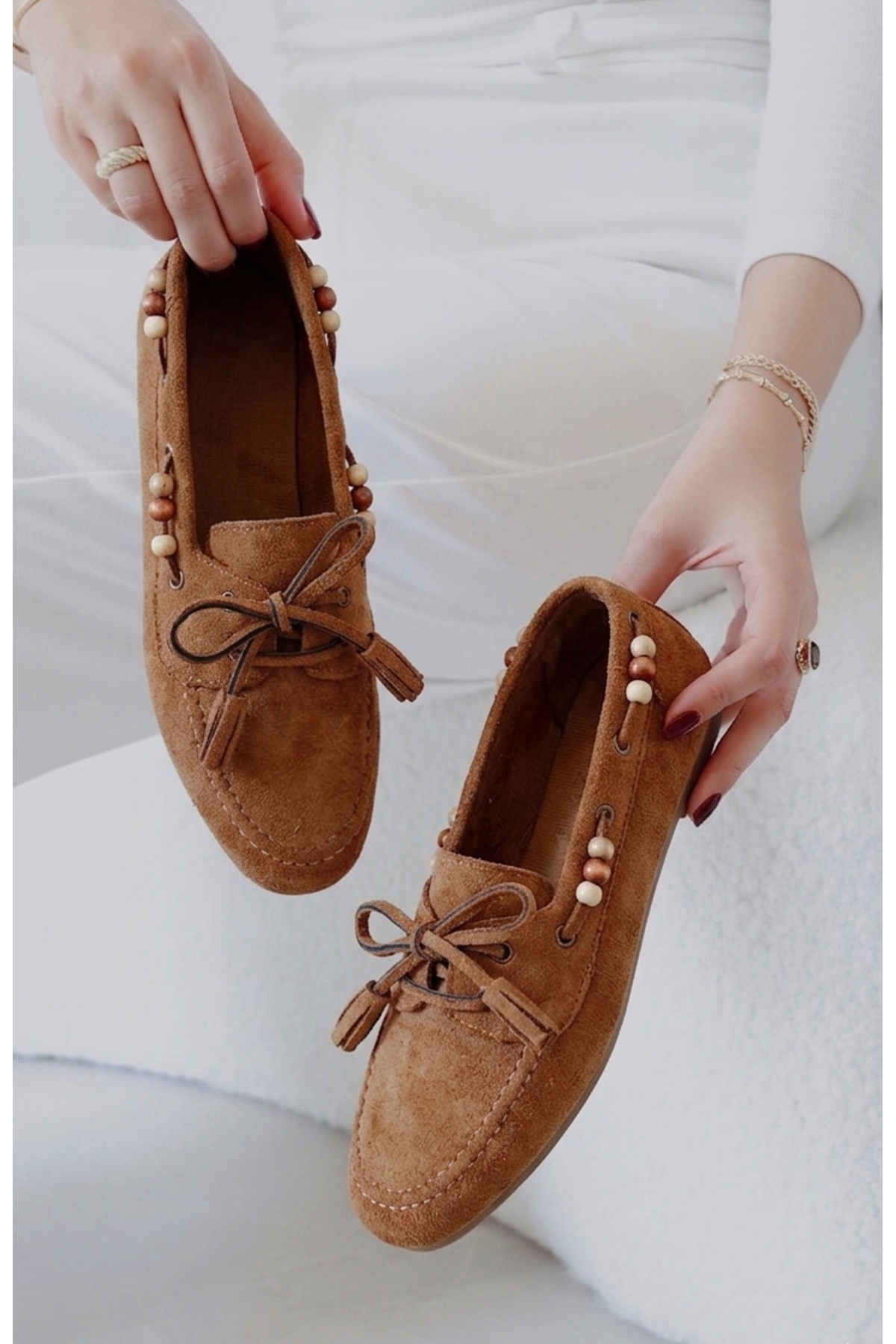 POLKA STORE Tim Süet Püskül Detaylı Hafif Esnek Tabanlı Kadın Loafer Slipon Babet Ayakkabı Mary Jane görsel 2