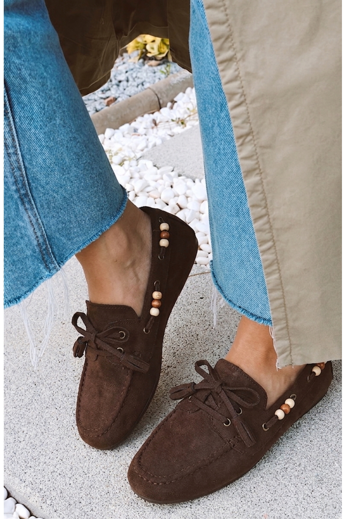 POLKA STORE Tim Süet Püskül Detaylı Hafif Esnek Tabanlı Kadın Loafer Slipon Babet Ayakkabı Mary Jane