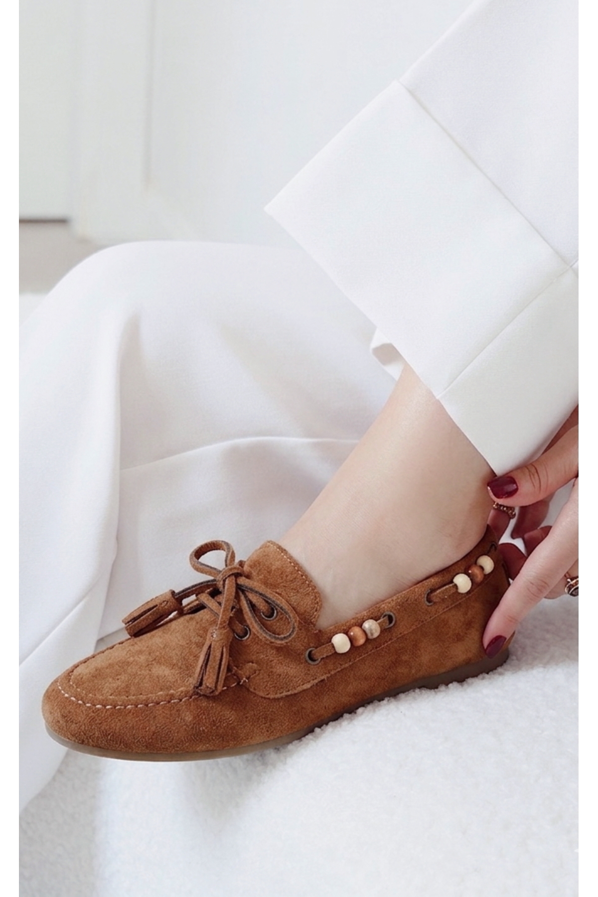 POLKA STORE Tim Süet Püskül Detaylı Hafif Esnek Tabanlı Kadın Loafer Slipon Babet Ayakkabı Mary Jane