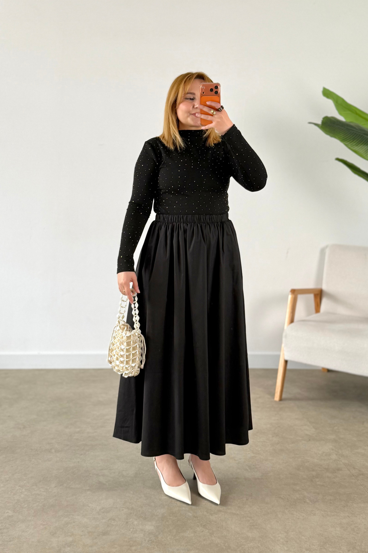 CHUL  Kadın Büyük Beden Poplin Parçalı Büzgülü Cepli etek - siyah - Görsel 3