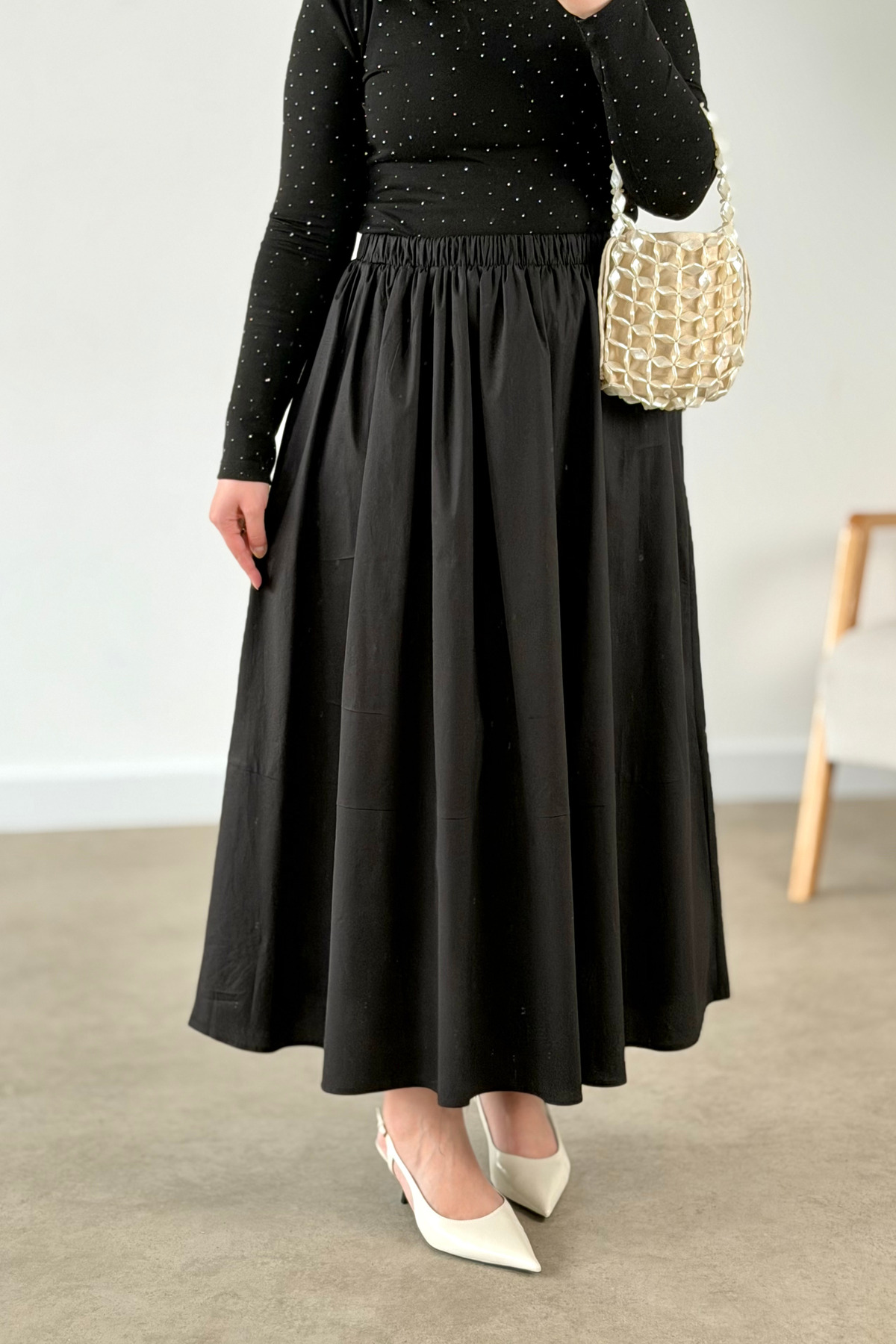 CHUL  Kadın Büyük Beden Poplin Parçalı Büzgülü Cepli etek - siyah