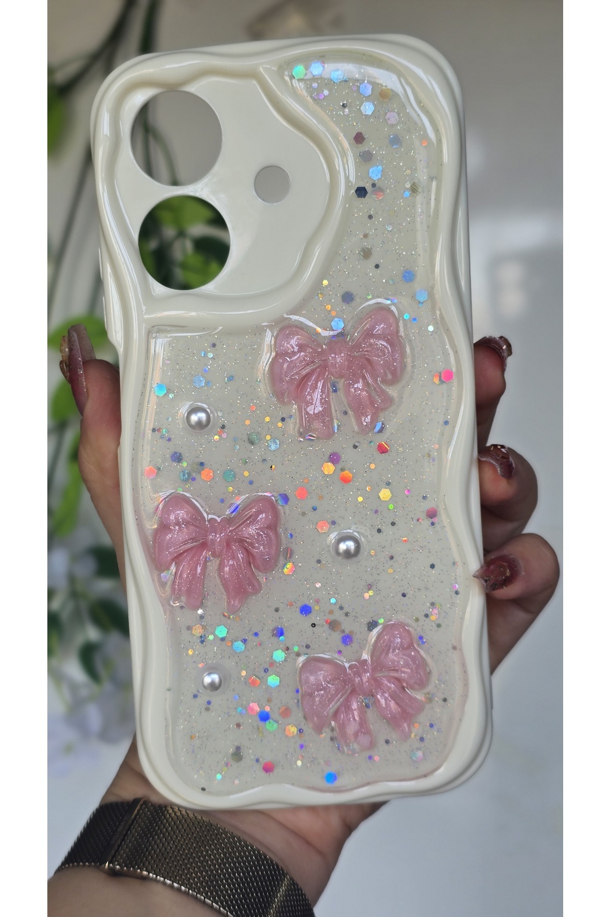 Realme Note 60 Compatible Pink Bow & Pearl Detailed Silvery Epoxy Phone Case