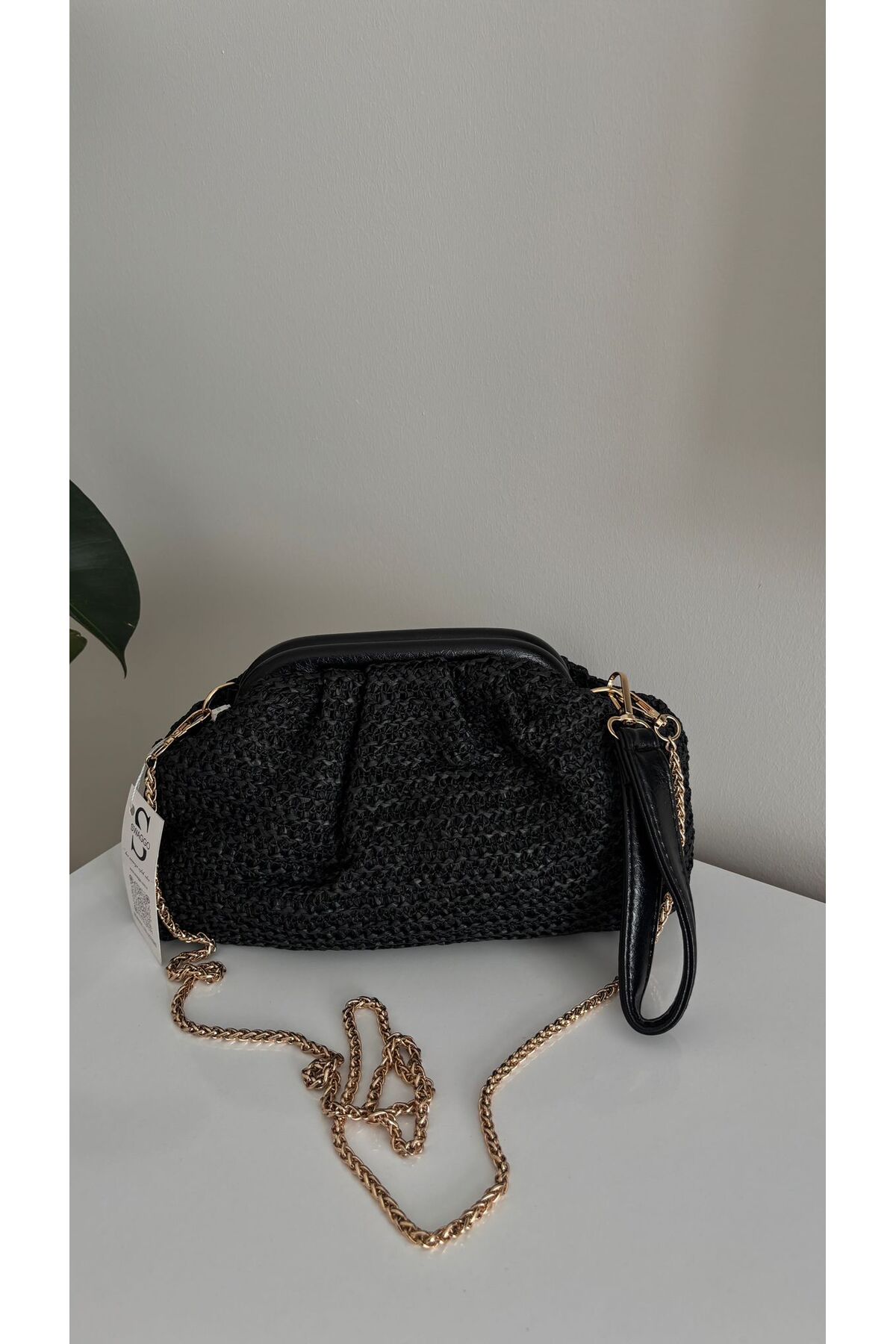 Women's Clutch Bag with Straw Leather Detail