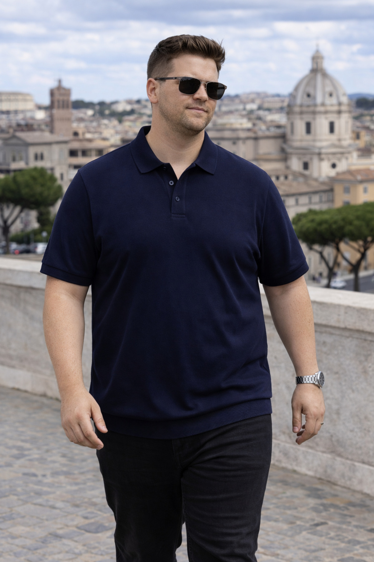 Maccali Men's Basic Large Size Navy Blue Knitwear Polo Neck T-Shirt