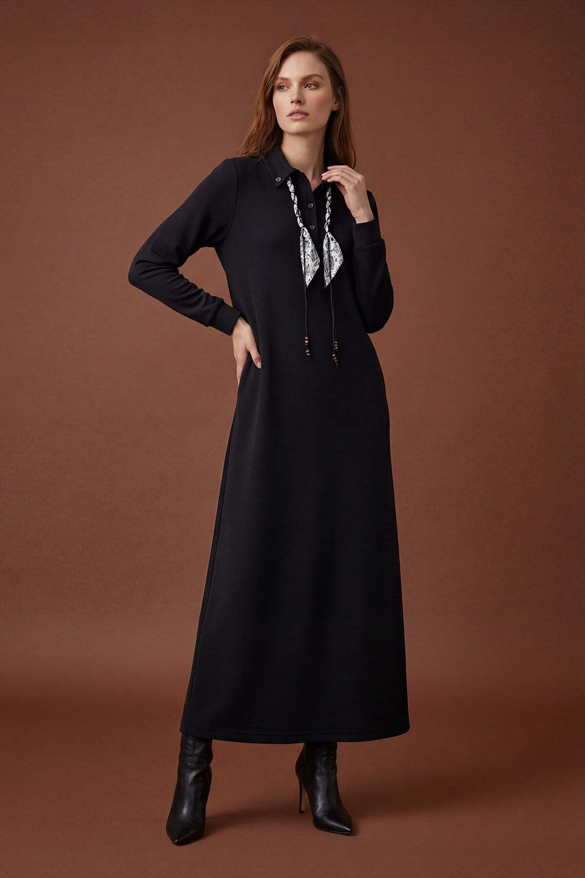 Women's Scarf Detailed Polo Neck Casual Cut Long Dress – 12666ELB-BLACK