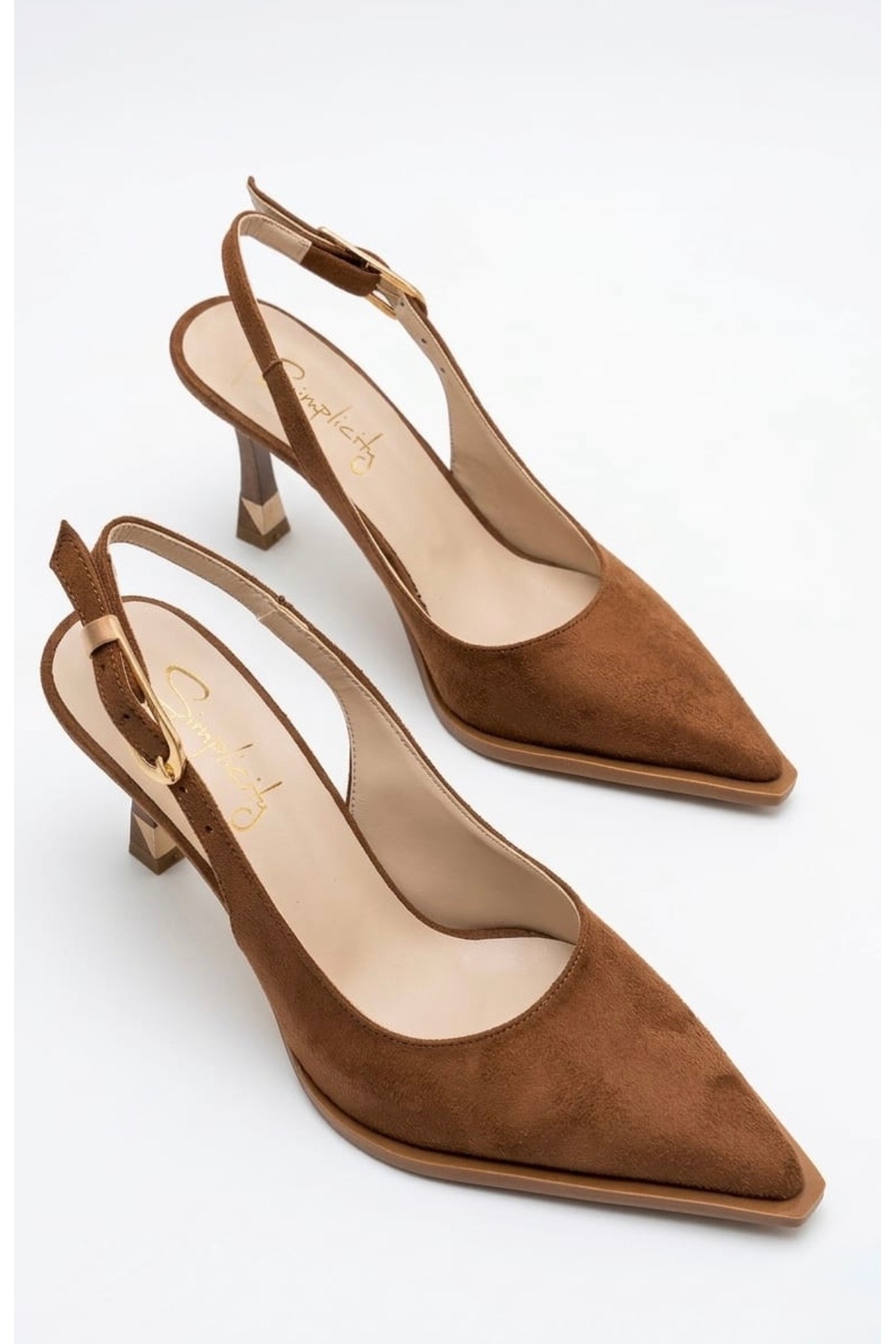 simplicity  Taba Süet Sivri Burun Kalın Taban Arkası Açık Gold Detaylı Topuklu Ayakkabı - Stiletto - Görsel 2