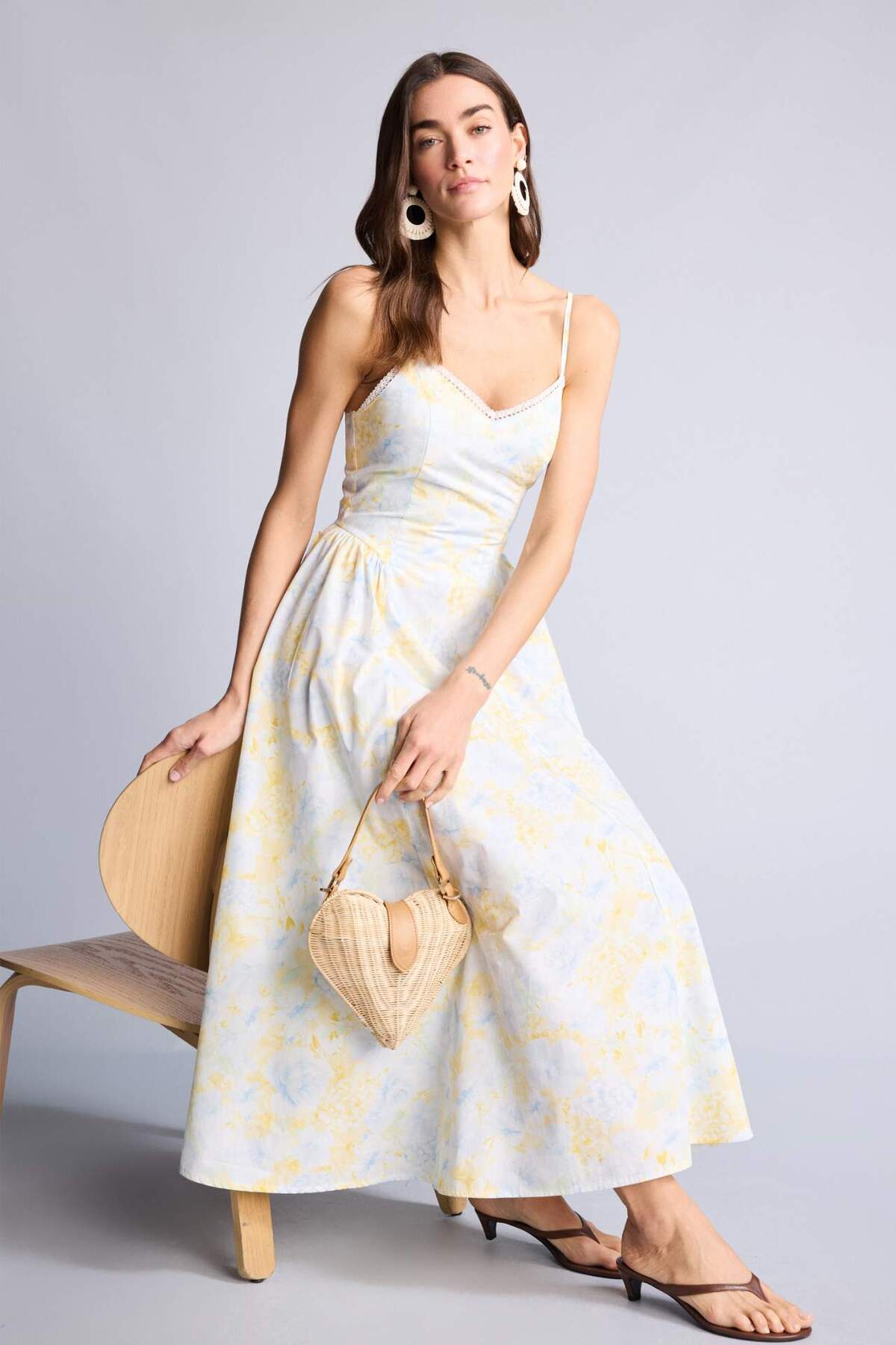 Defacto  Kalp Yaka Baskılı Poplin Askılı Midi Elbise H3436AX26SM