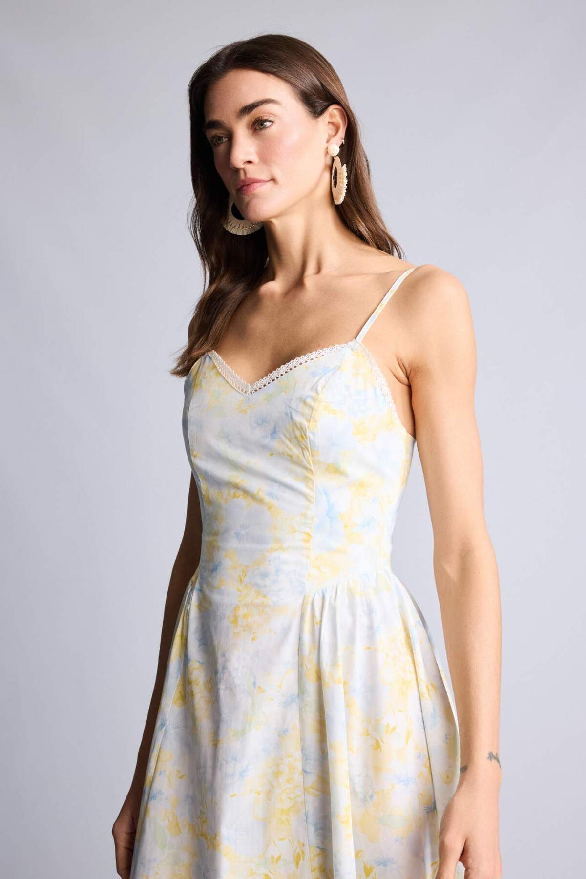 Defacto  Kalp Yaka Baskılı Poplin Askılı Midi Elbise H3436AX26SM - Görsel 3