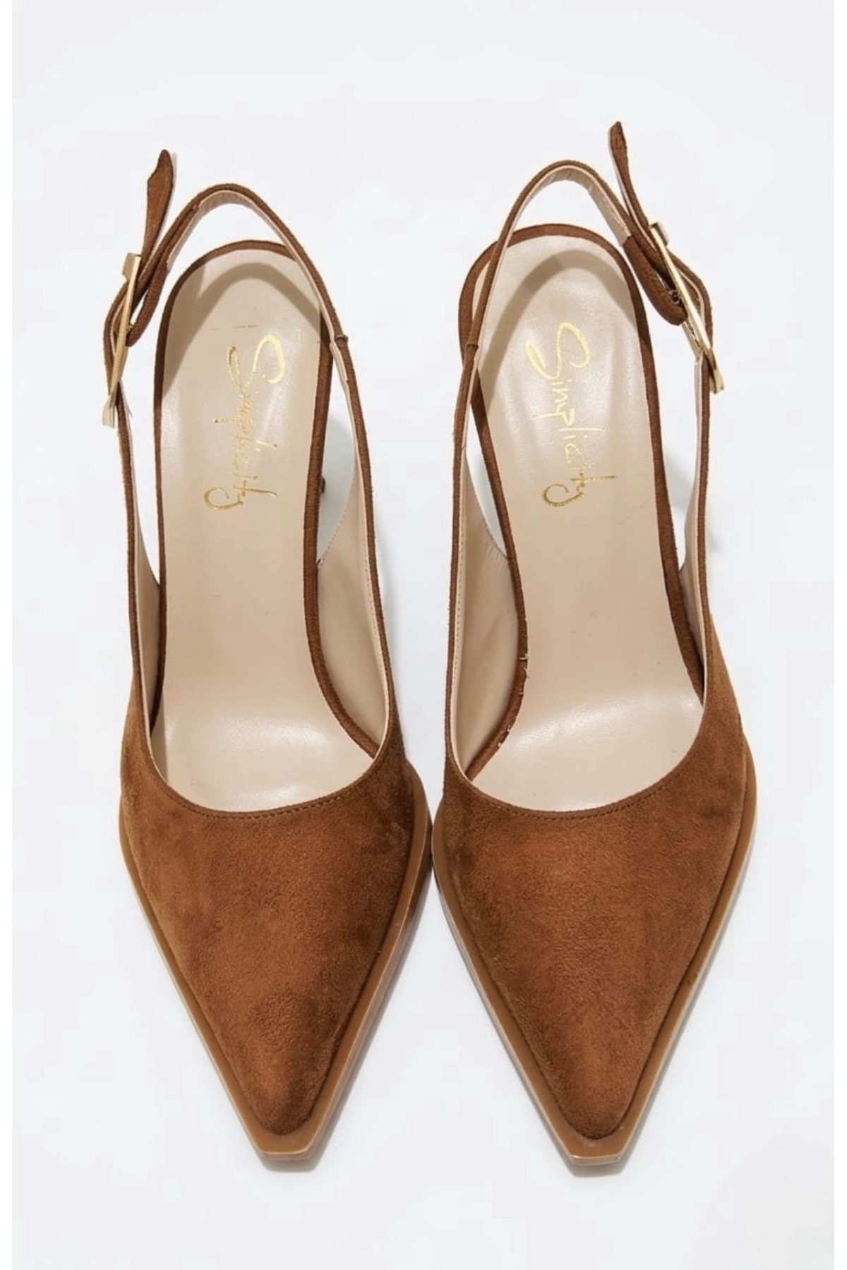 simplicity  Taba Süet Sivri Burun Kalın Taban Arkası Açık Gold Detaylı Topuklu Ayakkabı - Stiletto - Görsel 3